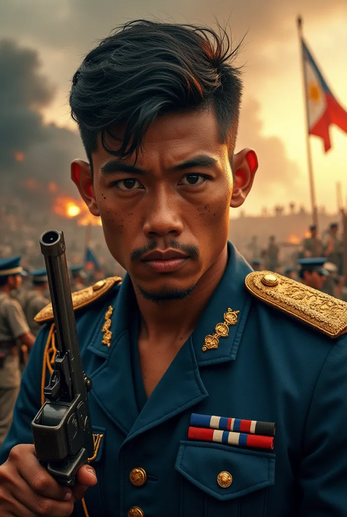 "A powerful close-up of Gregorio del Pilar, a young Filipino general with determined eyes, wearing a blue military uniform with gold epaulets. His face is battle-worn, with dirt and sweat, as he grips a revolver. Behind him, a dramatic backdrop of Tirad Pa...