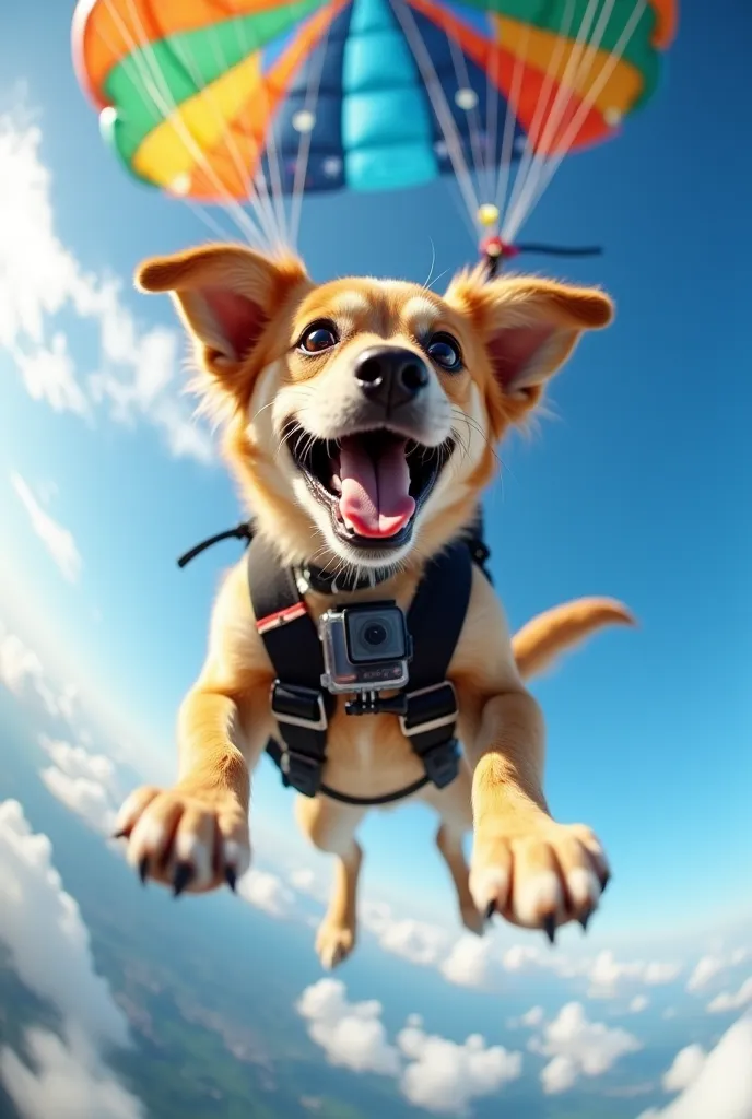 A cheerful and lively dog, with colorful parachutes attached to his back, is falling from the sky with a clear and blue background. His eyes are wide with emotion, Tongue Out , and a huge smile on his face. On his chest , a GoPro is attached,  capturing th...