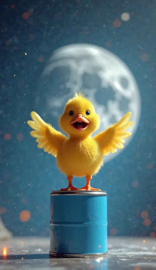 The image features a digitally created, animated yellow duck standing on top of a blue paint can. The duck appears lively, with its beak open as if it's singing or talking and its wings spread wide. The background showcases a cosmic scene with a large, det...