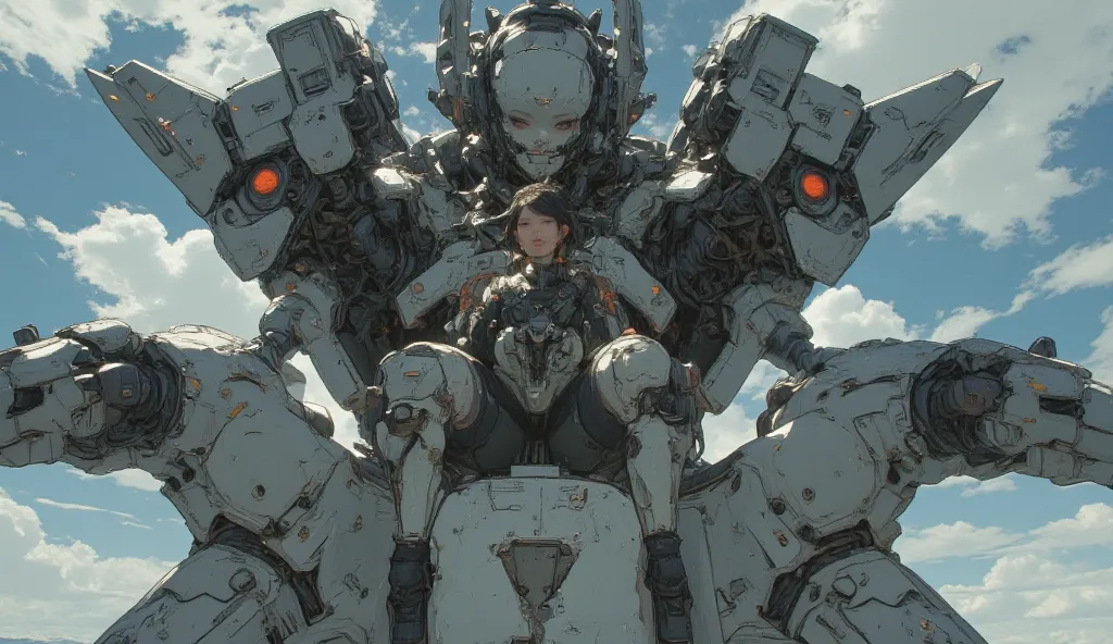 Full Body, Top view , Japanese woman in pilot suit 、Japanese woman in a pilot suit standing on the palm of a giant mecha , Gundam type robot  、 dynamic configuration 、  shot with a fisheye lens 