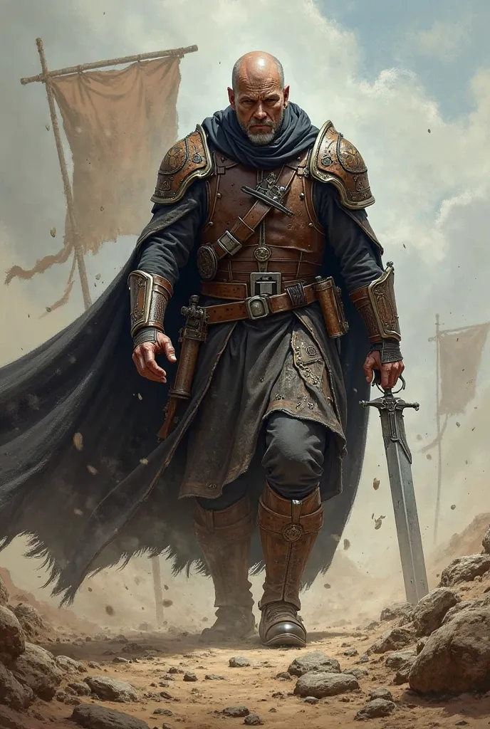 Create an image of a bounty hunter based on the name Malgus Korrvahn Tyrannus he uses a sword and a Flintlock gun