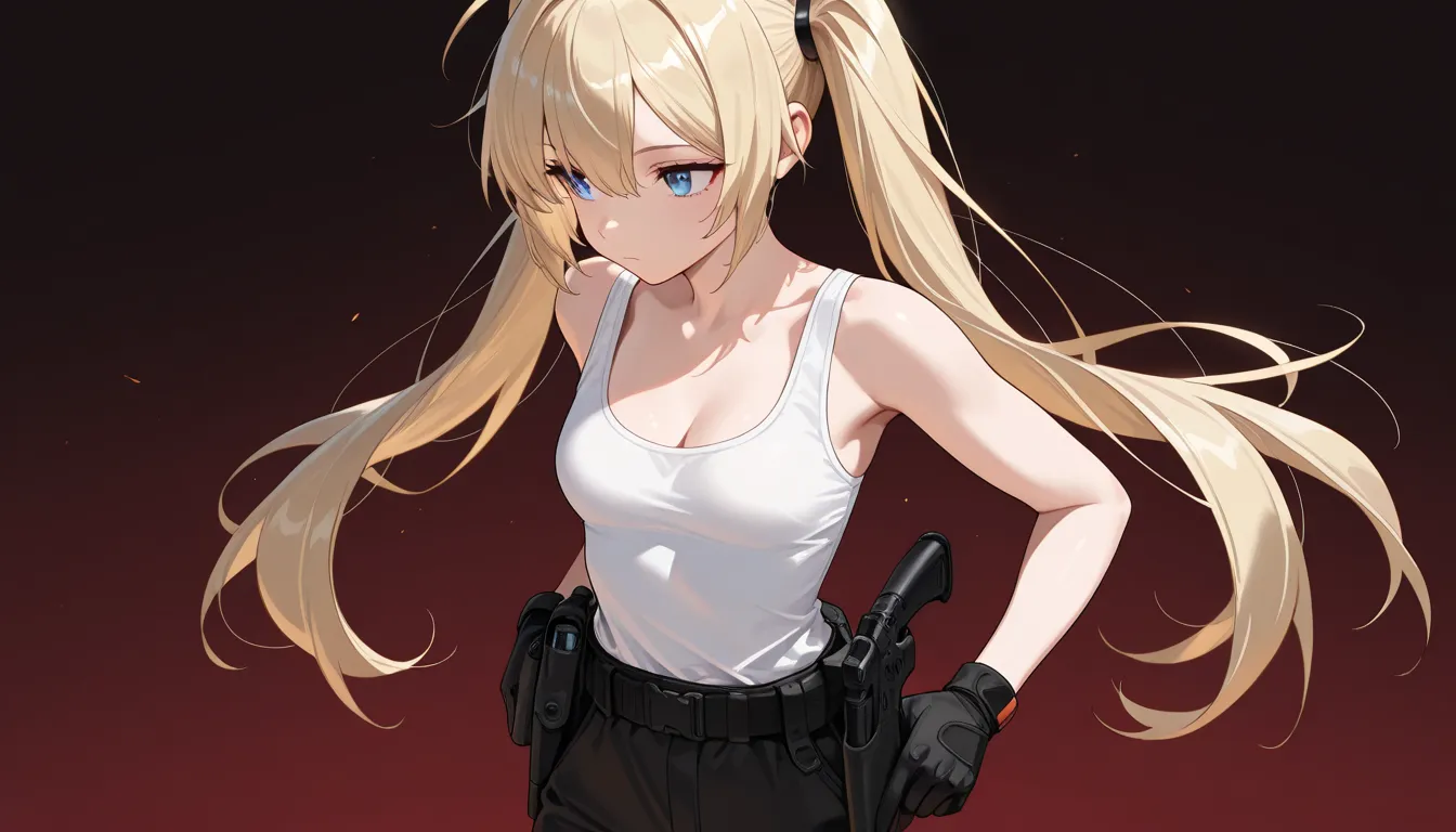 ((masterpiece, best quality, amazing quality, very aesthetic, newest, realism, hyper-detailed, beautiful, cinematic)) 1girl, a bit small breasts, solo, dark red background, blonde twin tail hair, white tank-top, look away, lifting an uzi , gun holster on h...