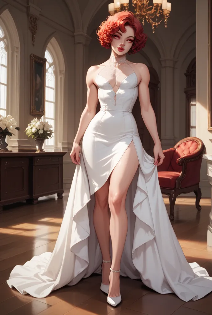  a handsome male man , short curly red hair, pale skin, bright red eyes, long red eyelashes,round reddish lips ,wide hips,long legs, wearing a sexy white dress, white heels, Background of an old room ,distant take