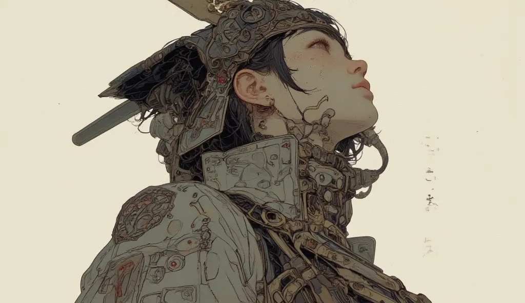 profile、looking up at the sky、a close up of a person in a samurai girl costume with a sword, beautiful、 vector art inspired by Yoshikai Kano, pixiv contest winning entry , ukiyo-e, samurai girl portrait, Feudal Japanese Art, ancient japanese samurai girl, ...