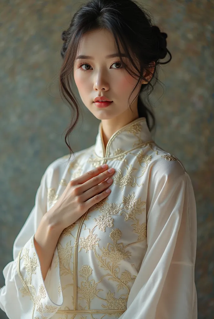 A woman wearing a qipao with a hand on her chest