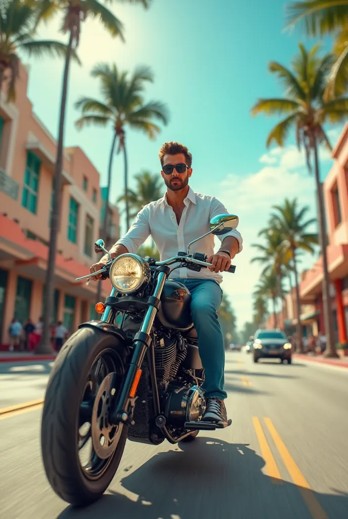 A man wearing classic jeans and shirt and driving bike on the roads Miami