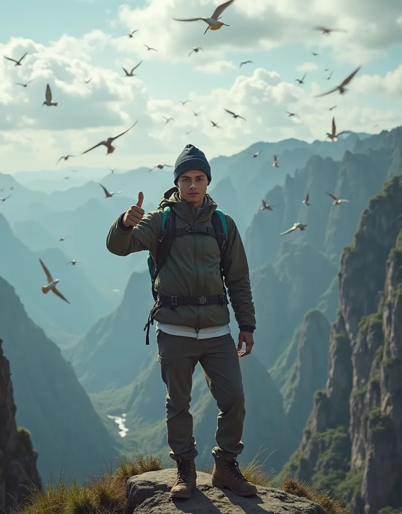 a young man short black hair, looking at camera, wearing a hiking jacket and long trousers pocket, beanie, he is standing and mother finger hand tag for good (👍🏻) on the top of the edge of the cliff of the canyon, fantasy, sci-fi, photography, cinematic, b...