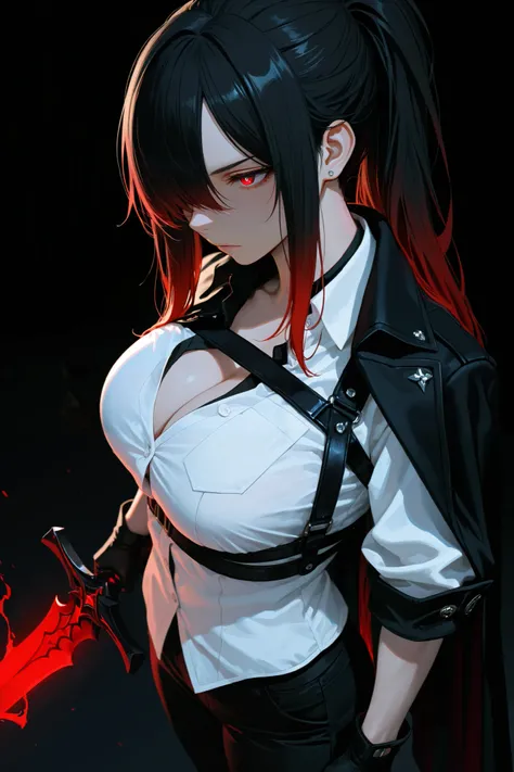 HDR, masterpiece, best quality, very aesthetic, absurdres, newest, 8k, from above, from side, foreshortening, red eyes, white pupils, gradient hair, black hair, red hair, long hair, asymmetrical hairline, hair over right eye, ponytail, large breasts, black...
