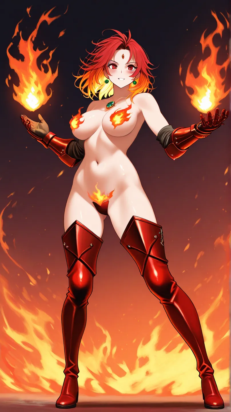 fire spirit, woman wearing flames, mature woman, ruby ​​eyes, messy hair, dark red hair, orange hair, yellow hair, multi-colored hair, flame pubic hair, middle-aged woman, glamorous body, big hips, naked torso, bare shoulders, gleaming skin, strong woman, ...