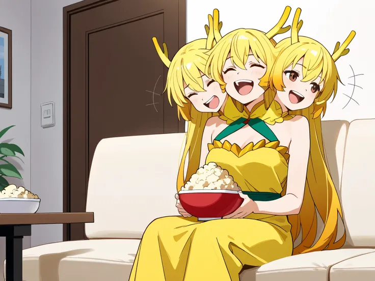 anime girl with three heads, long blond hair, brown eyes, yellow dragon girl costume, simple yellow dress, bare arms and shoulders, sitting on a couch with a bowl of popcorn, laughing, closed eyes, apartment living room