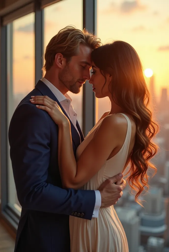 A strikingly handsome CEO with golden-blond hair, piercing blue eyes, and a strong jawline, dressed in a perfectly tailored navy-blue suit. He stands in a luxurious high-rise office with floor-to-ceiling windows overlooking the city skyline at sunset. In h...