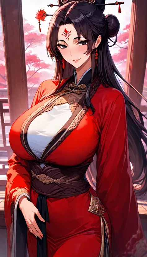 SOLO, A Female,Mature flavor, Perfect body, Oppai, (Chinese long hair,Black Hair,hair bun),(Black eyes),Red Forehead tattoo, Wearing A Red Chinese Robe(Hanfu type), In the Chinese classical Garden,Naughty face, seductive smile,UHD, anatomically correct, ma...