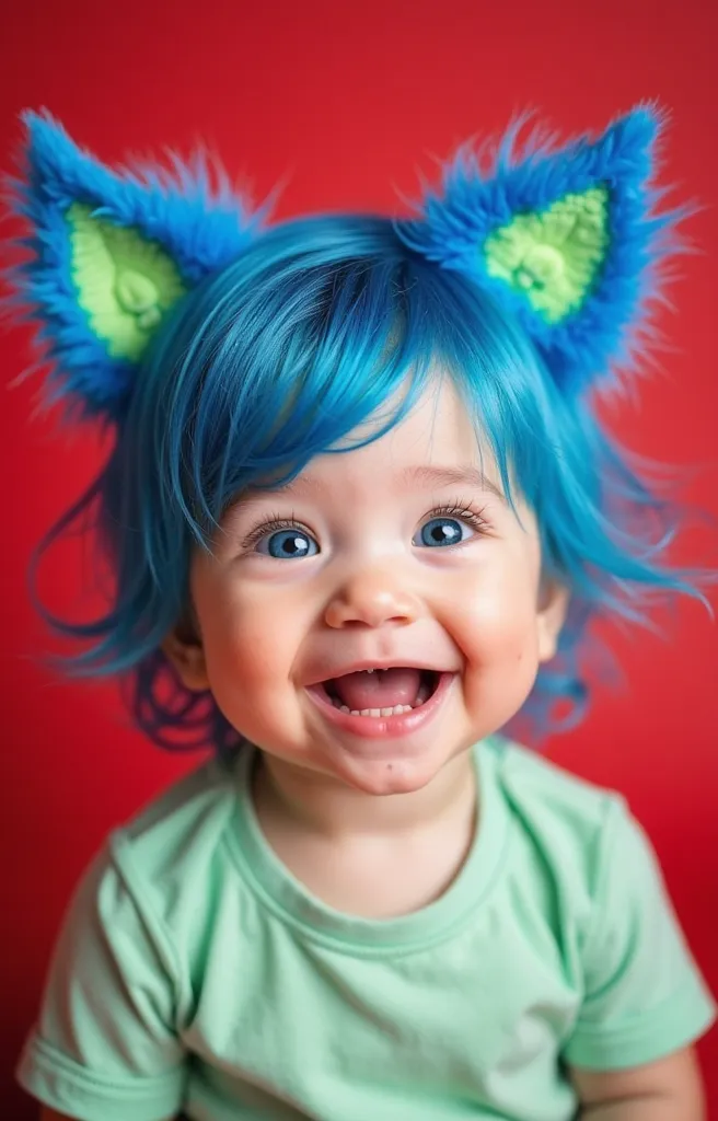 A cute baby with vibrant blue hair, wearing fluffy blue cat ears with a hint of green inside. The baby has bright blue eyes, a big happy smile, and small black freckles on the cheeks. The baby is dressed in a light green shirt, and the background is a vivi...