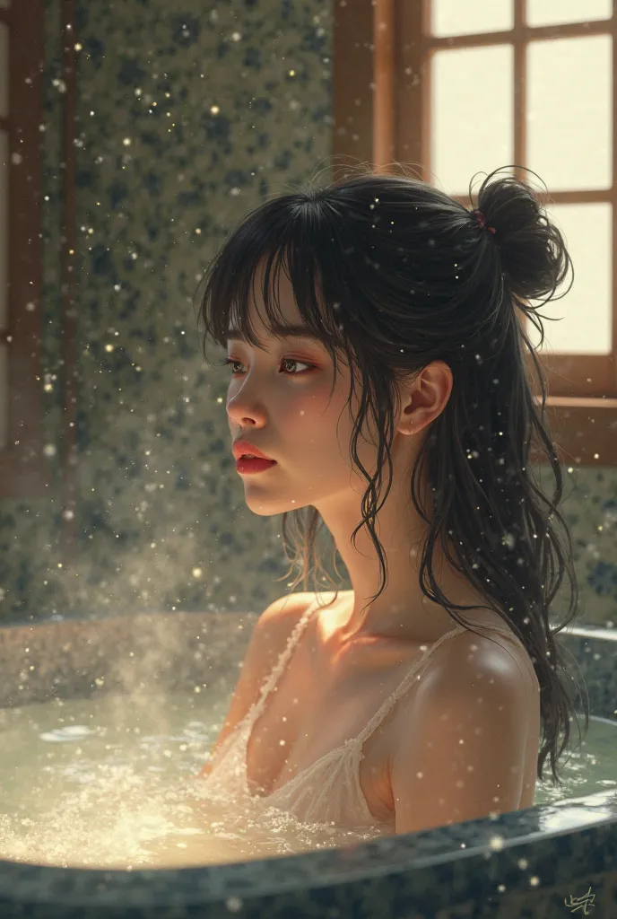 Beautiful young Japanese student girl with long wavy black hair, taking a bath in a bathroom, with her hair tied in a bun and without clothes, while you have a gentle smile on your face.