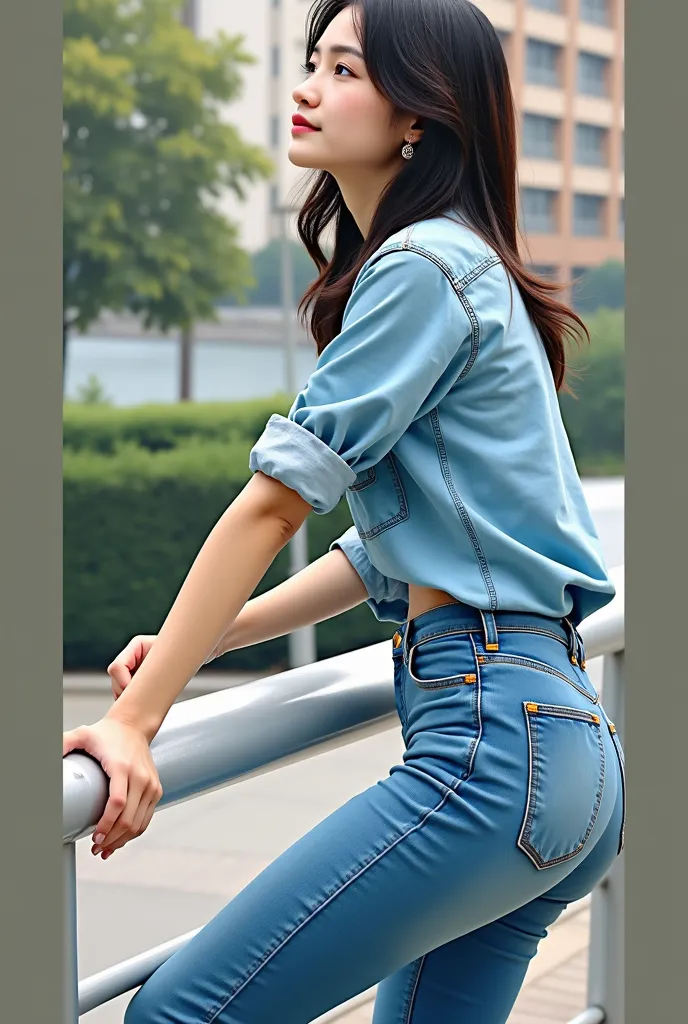 Beautiful young tanned asian woman sleeves rolled up denim shirt 