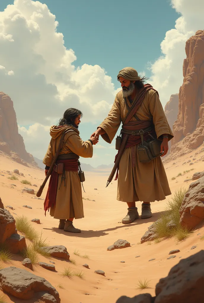 The traveler helping another lost soul in the desert, showing compassion and guidance.
