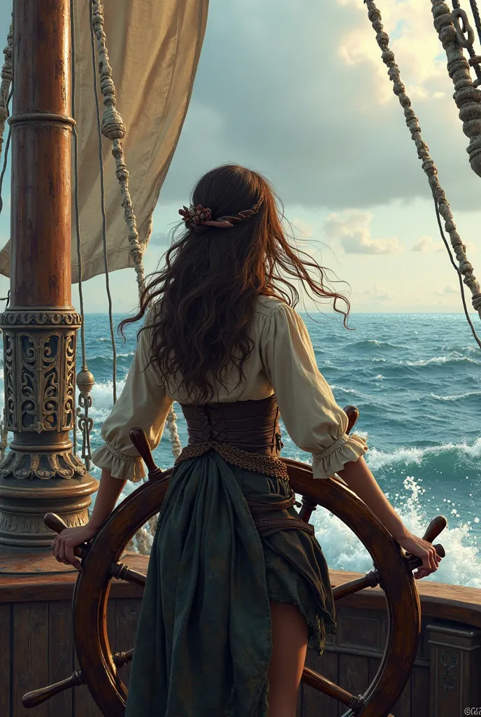 Girl with brown long wavy hairfrom the back pirate sailing a boat