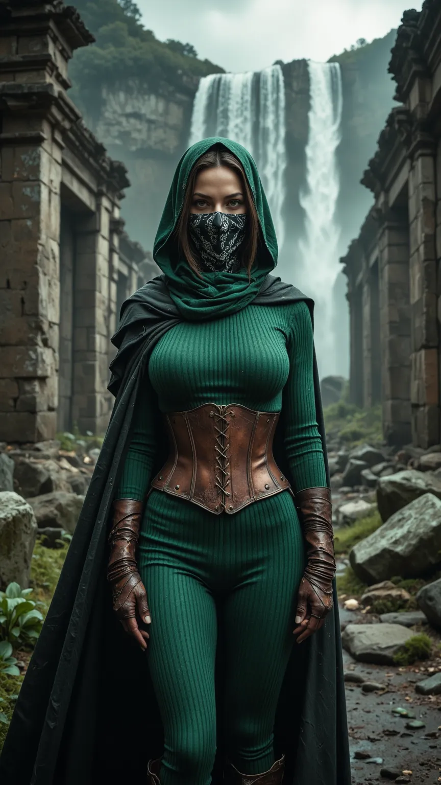 woman wearing tight silk hijab with bandana mask. poison green ribbed knit turtleneck sweater dress under a burnt copper corset, hooded cloak,, standing between ancient ruins, in front of a waterfall