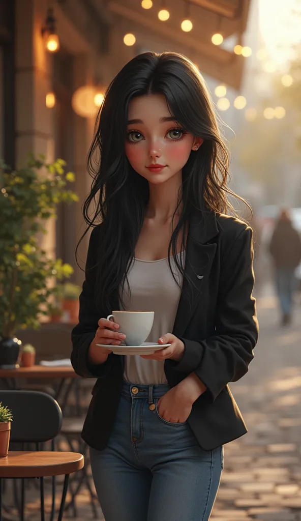 Young Slavic woman, 18, black hair, gray eyes, enjoying coffee, outdoor cafe, tailored jacket, skinny jeans, tables, potted plants, afternoon light, inviting ambiance, captured in ultra HD, 8K, emphasizing facial features, cozy atmosphere, digital painting...