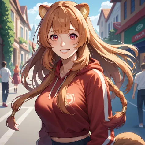 raphtalia, a beautiful young woman with bright orange hair and intense red eyes. Her rounded animal ears peek out of her silky hair. happy smile, big, firm breasts\  She wears simple clothes  (hooded parka , \ , and wears loose-fitting sports pants , casua...