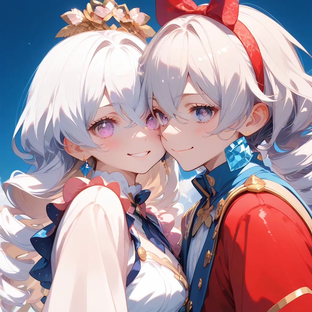 2 people, Young woman,  long hair,  white hair, , crossed bangs , earring, smile,  purple eyes, รอยsmileบางๆ, สไตล์Anime, Anime, Embarrassed, 
, young man, golden hair,  hair, earring, รอยsmileยั่วยวน, diamond-shaped iris, Satisfied face, , empty eyes, Gra...