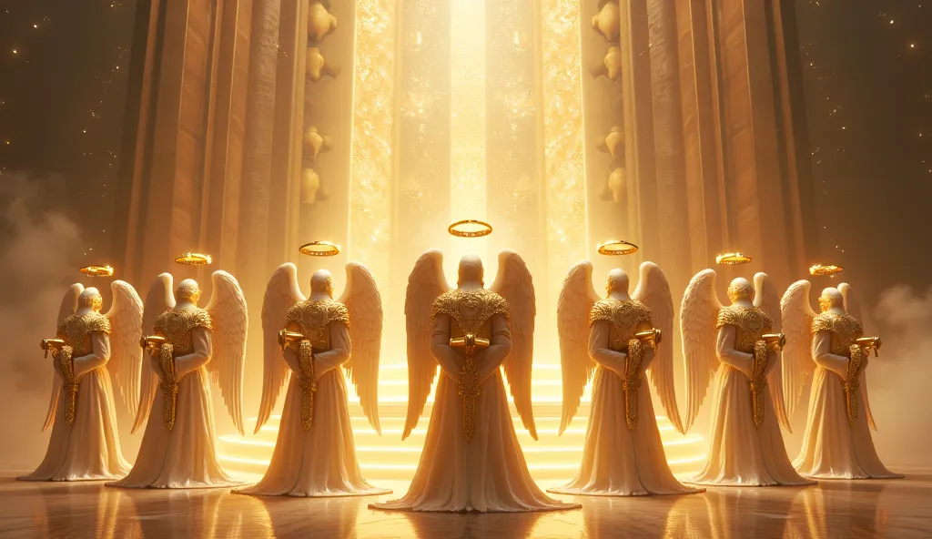 Seven powerful angels, dressed in shining armor and holding golden trumpets, lined up before a resplendent divine throne.