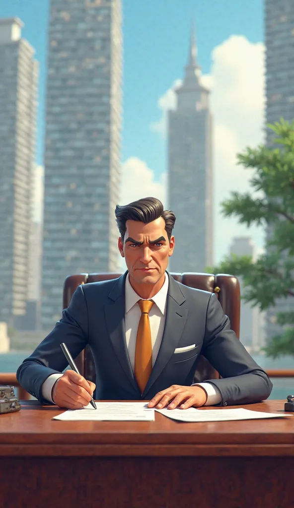 3D animated cartoon style - A businessman signing fake property documents in a luxury office, while behind him, a city skyline is filled with empty high-rise buildings