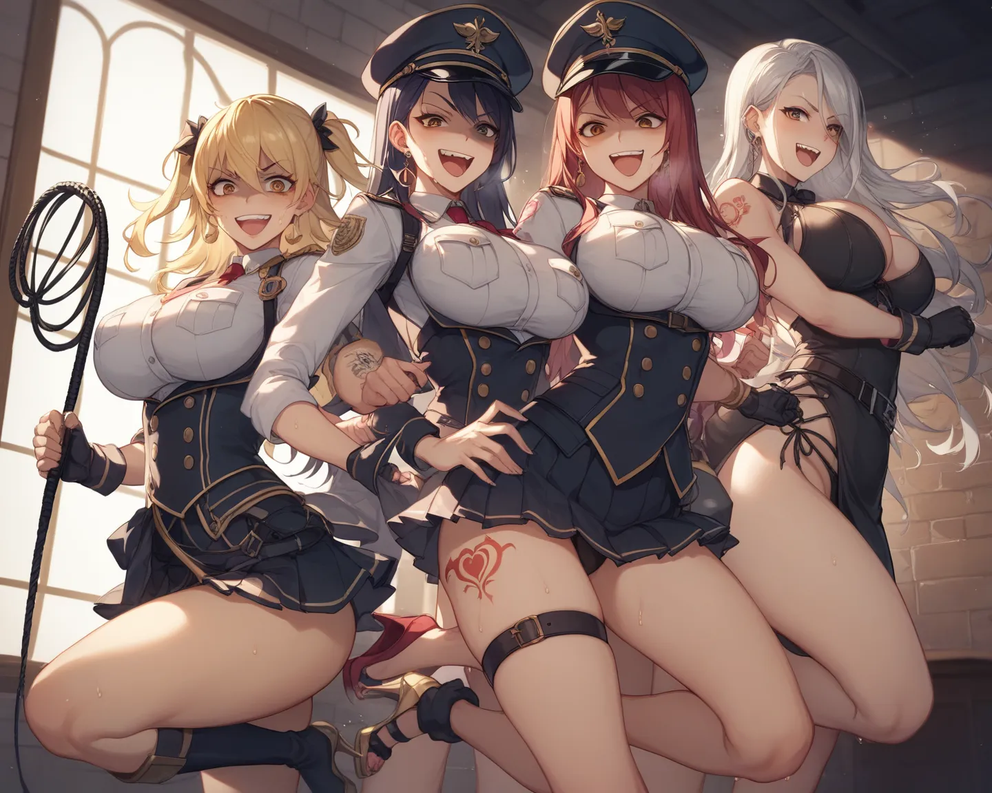 The background is a dark basement made of bricks 、3 women in their 20s with big breasts 、 Brown Eyes  、Yakumo Beni,  She has military uniform、I'm wearing a military hat、They have long whip in their hands、composition showing the floor from the ceiling 、cute...