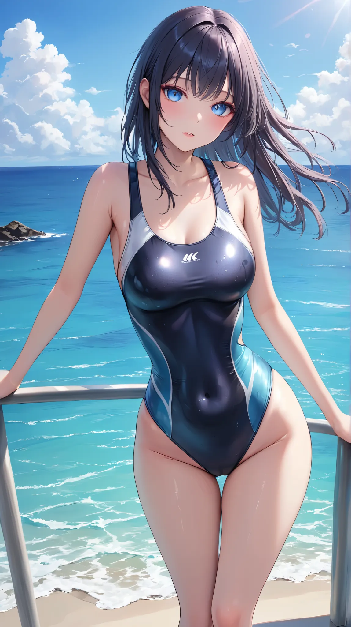 (masterpiece,best quality,ultra detailed,high resolution),(realistic:0.4),short-stature,looking viewer,daytime,ladies,cool eyes,competition swimsuit,wide hips,beautiful ocean,