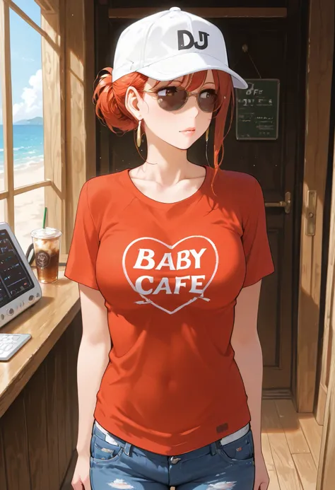 1girl, solo, kgr, mature woman, slender body, undersized T-shirt, red shirt, skinny denim pants, DJ cap, medium breasts, standing inside cafe near beach, pulled down hat over eye, wear hat tilted, sunglasses hanging from shirt collar, looking away, baby fa...