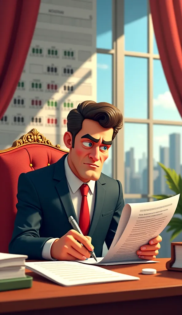 3D animated cartoon style - A corrupt official signing fake contracts in his office, while behind him, a calendar shows years passing without the promised public project ever being completed