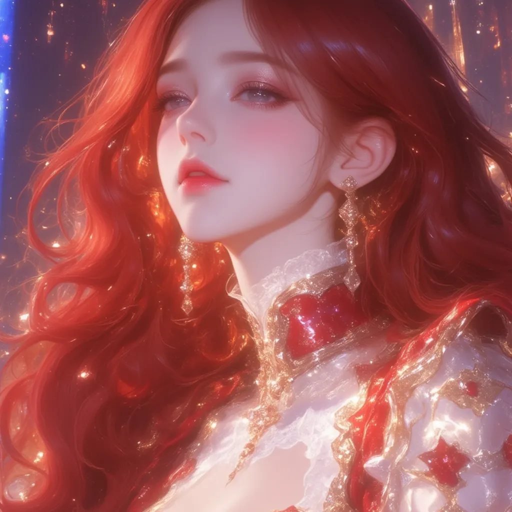 woman,red hair,  golden eyes,Wearing Japanese idol outfits, White skin, smiles brightly, Posting you cute, Bright Atmosphere, On stage at a concert ,high resolution movies, Masterpieces, precise, Hair Jewelry,  long hair, 