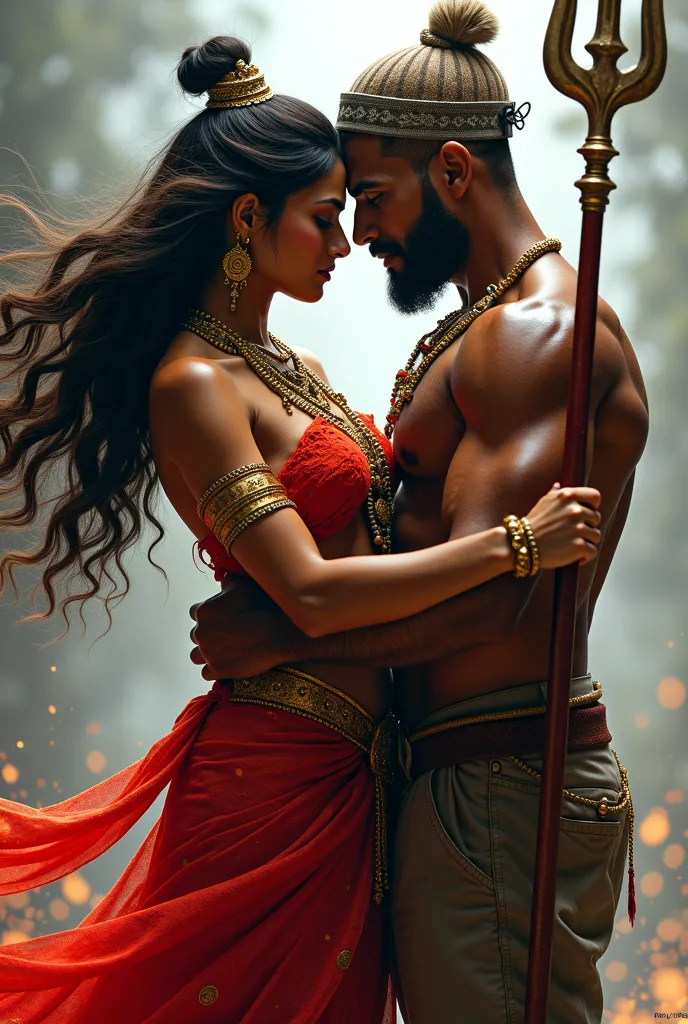 Beautiful Goddess Durga in red laced saree & Trishul, passionately intimate with a ripped hairy black dude who has a muslim cap on his head.