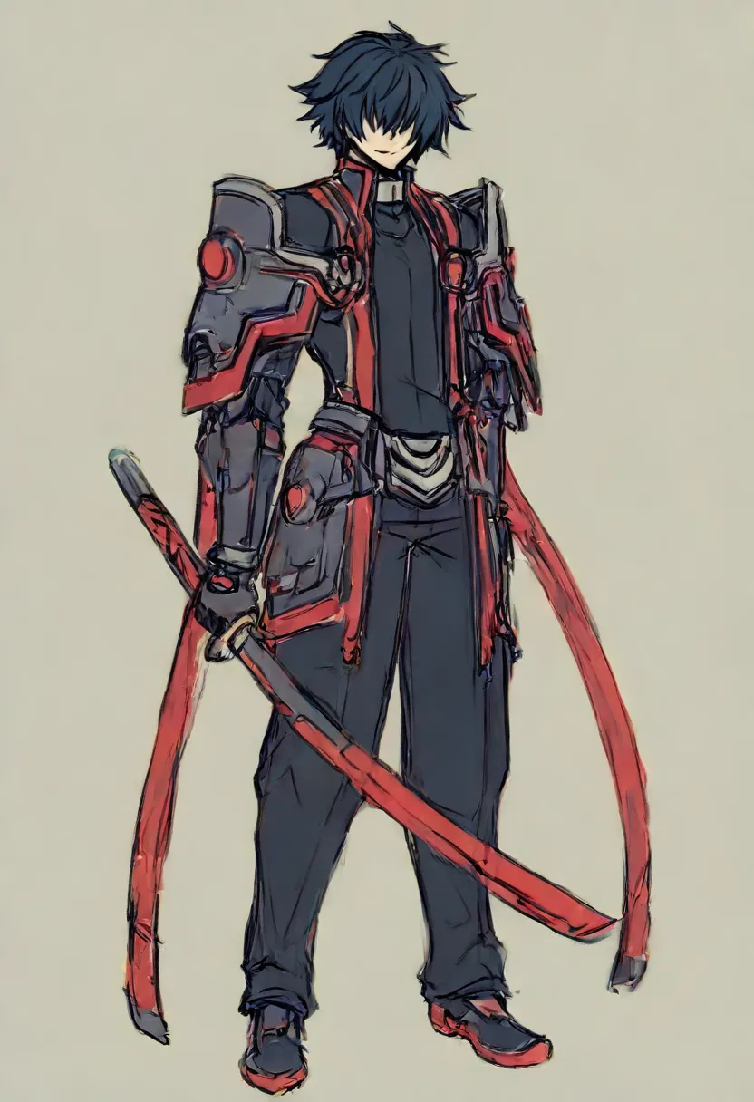  Blazblue ,Human Male  , Black shirt , Cool Axel ,Hair over eyes , Messy hair ,Full body , Cool Character Design ,Pants  , sci-fi armor ,red Weapon katana  ,