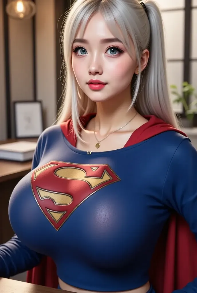 "A highly detailed, photorealistic portrait of an 18-year-old Asian girl sitting confidently in her office. She is wearing a Supergirl costume, with the iconic red cape flowing behind her. Her long white hair cascades beautifully, complementing her strikin...