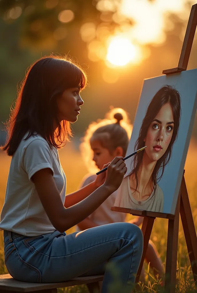 

in a quiet environment ,  A dark-skinned woman , straight and short black hair is sitting on a bench, concentrated on her canvas as she paints with dedication.  His expression is serene and loving , reflecting admiration for his muse: his girlfriend.

fa...