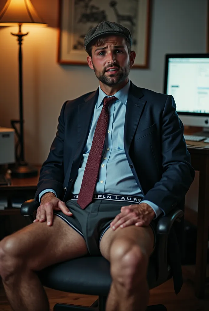 I took a picture of my father, is a 38-year-old man with short brown hair wearing a cap looking back,  wears a shirt , tie and coat  , He has red boxers, has hairy and thick legs, boxer Ralph Lauren, a big bump on his penis sitting in his studio looking at...