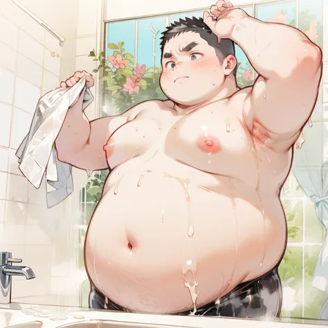 Shirtless obese man in a bathroom, wet, lubricated, big fat belly, soft obese, wet, belly with stretch marks on his sides and down, shy but serious face, large, fat-inflated breast