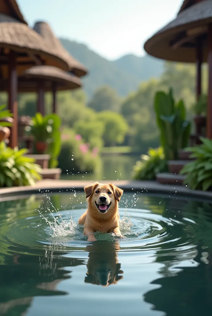 Dog playing in circular pond with Thai countryside backyard view