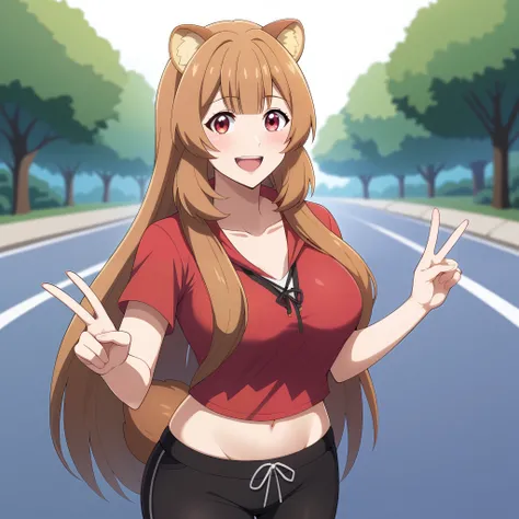 raphtalia, a beautiful young woman with bright orange hair and intense red eyes. Her rounded animal ears peek out of her silky hair. happy smile, big, firm breasts\ She wears simple clothes (hooded parka , \ , and wears loose-fitting sports pants , casua...