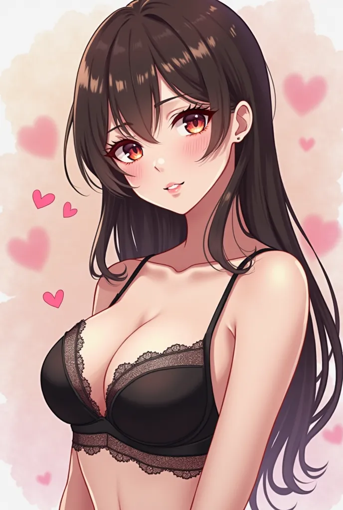 A brunette woman in a bra with hearts / anime style 