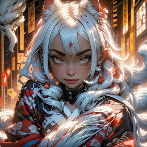  kitsune girl in red and white yukata,  with red eyes ,  white hair , fox white ears, kitsune markings on face, long white hair, Solo, 1girl, High Resolution, Long Hair, 