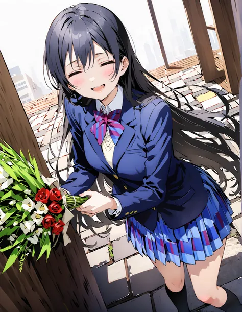 score_9, score_8_up, score_7_up, source_anime, Sonoda Umi , Alone,long hair, bungs, Between the eyebrows, Green Hair,long straight hair, school uniform, jacket, blazer from above the bar,Skirt, black high socks, Winter uniform, otonokizaka school unifor...