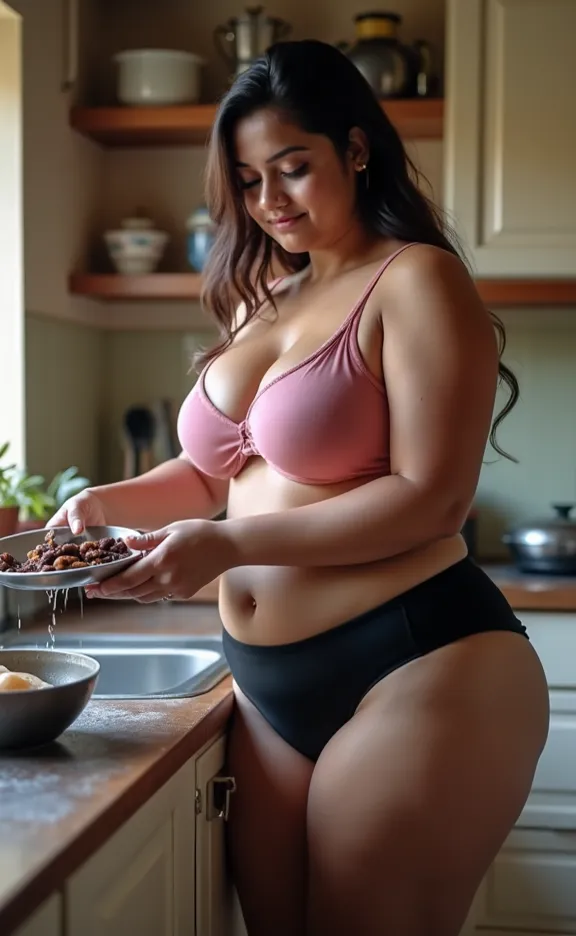  A plus size indian kerala  woman in kitchen 25 years old. Wearing a black panties and pink bra. She is washing plates. Thick and shot thighs. Normal hip and big breast, front view
