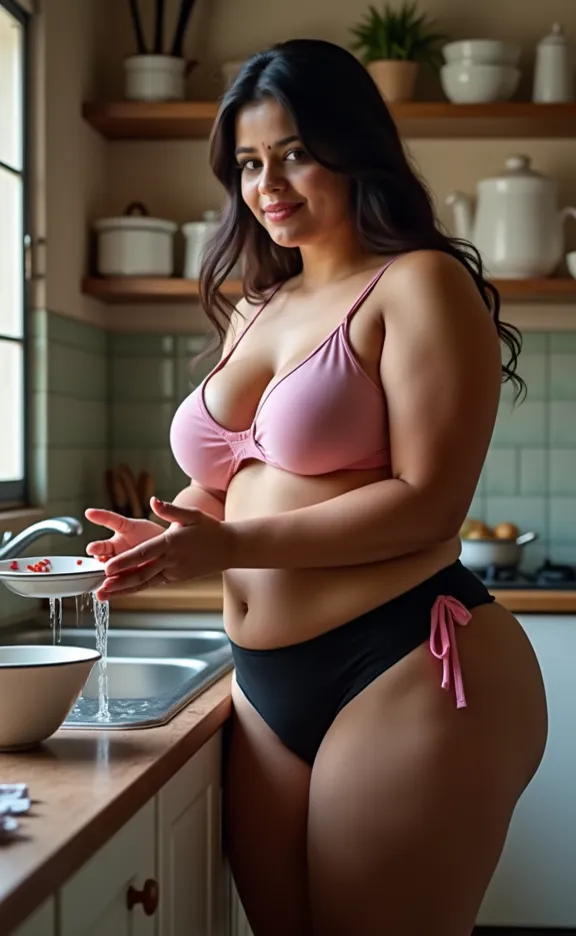  A plus size indian kerala  woman in kitchen 25 years old. Wearing a black panties and pink bra. She is washing plates. Thick and shot thighs. Normal hip and big breast, front view
