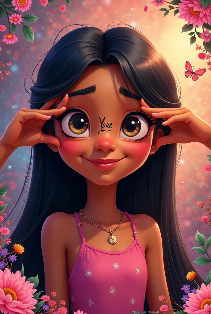 Disney character with straight black hair and brown skin and is making eyebrows with the name of Yane