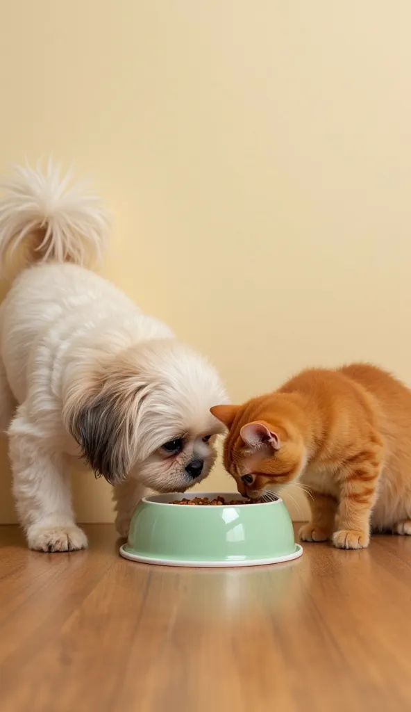 Seekor anjing Anjing shih tzu kecil berbulu lebat dan panjang with a long tail, a yellow cat with dense, fluffy fur, with a long tail,
The camera from behind shows a dog and cat eating together wearing a light green bowl, the food is under a cream-colored ...