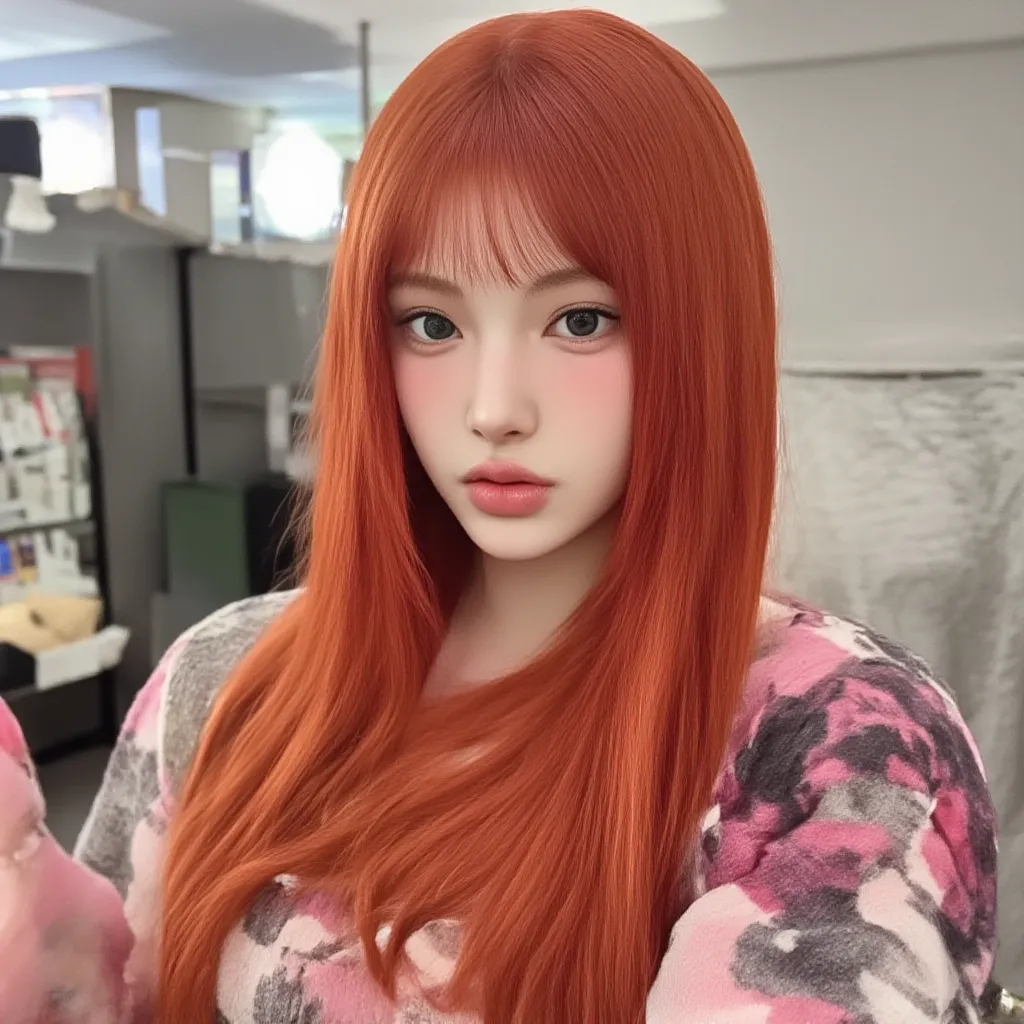 Character Chart, kpop girl, hazel eyes, long orange reddish colored hair, pretty, douyin japanese makeup, vietnamese, in practice room dancing 