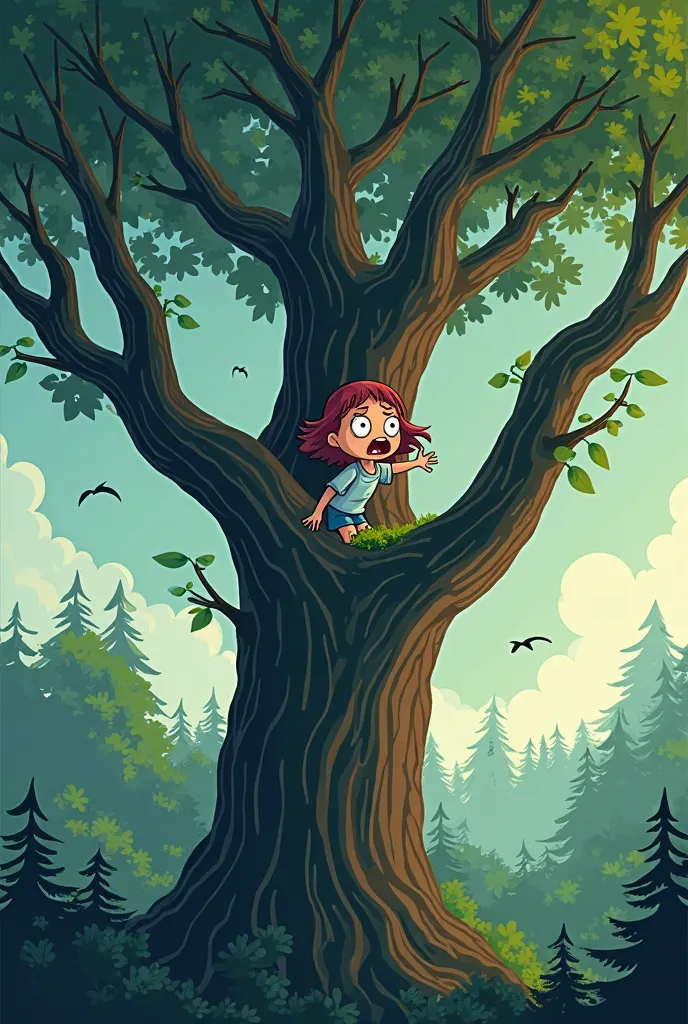 Create a cartoon of a scared girl standing on top of a huge tree asking for help