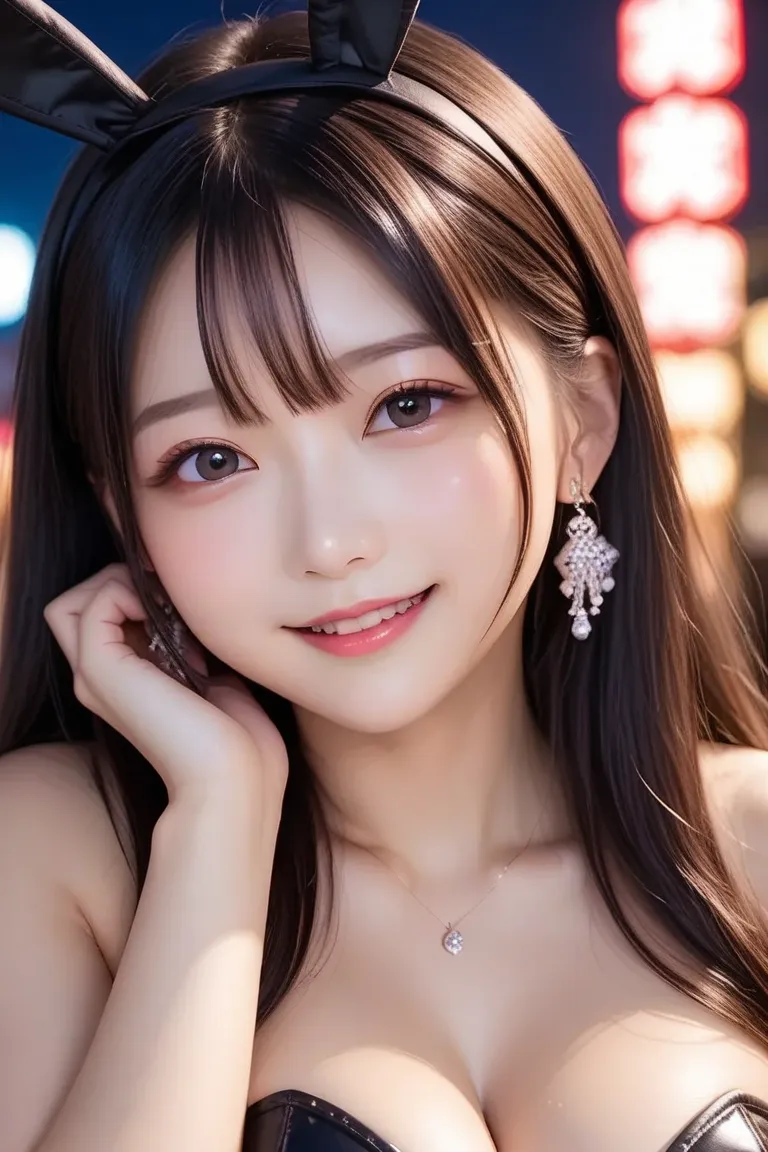  score_9,  score_8,  score_7 , detailed,  cabaret club、night，It's dark outside the hotel，BREAK nsfw:2.0、complete anatomy , 1 Japanese girl ,  cute face，smile、girl in the distance has brown hair,  Girl has long hair, girls have straight hair  ,  bigger brea...